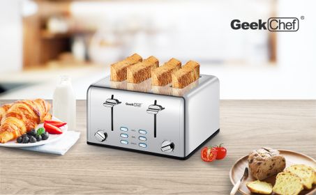 Toaster 4 slices, geek chef stainless steel extra-wide slot toaster, dual control panel with bagel/defrost/cancel function, 6 shade settings