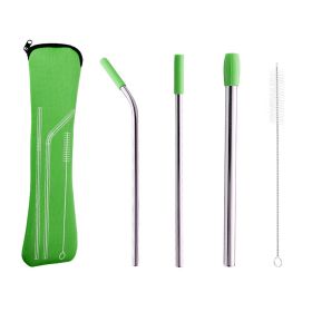 5pcs Set Stainless Steel Reusable Metal Straws With Silicone Tips (Color: Green)