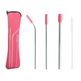 5pcs Set Stainless Steel Reusable Metal Straws With Silicone Tips (Color: Pink)