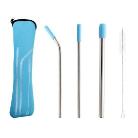 5pcs Set Stainless Steel Reusable Metal Straws With Silicone Tips (Color: Blue)