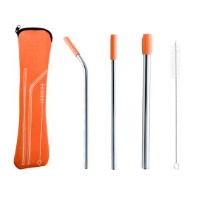 5pcs Set Stainless Steel Reusable Metal Straws With Silicone Tips (Color: Orange)