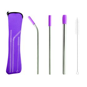 5pcs Set Stainless Steel Reusable Metal Straws With Silicone Tips (Color: Purple)