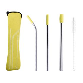 5pcs Set Stainless Steel Reusable Metal Straws With Silicone Tips (Color: Yellow)