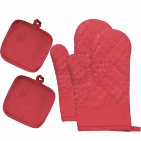 4pcs Set High Heat Resistant 350 Degree Extra Long Oven Mitts/Potholders (Color: Red)
